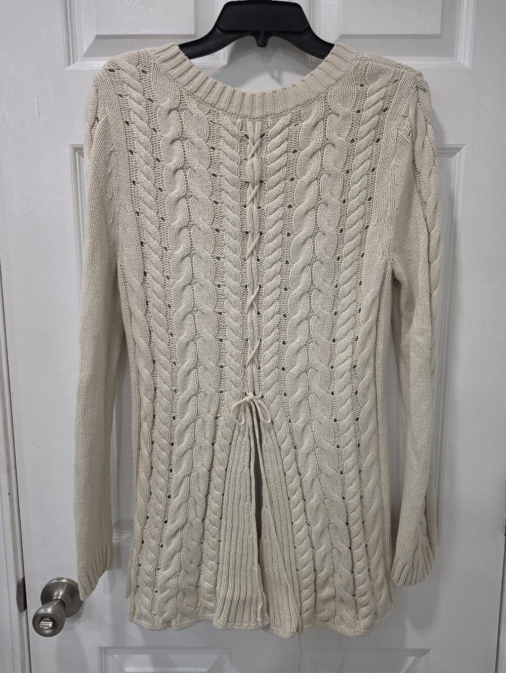 CAbi Cream Cable Knit Lace-Up Back Pullover Sweater, Size Medium - Picture 4 of 9